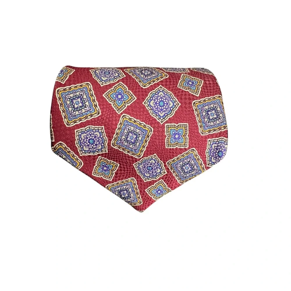 Chaps Ralph Lauren Silk Tie‎ Red Blue Medallion Geometric 58x3.75 USA